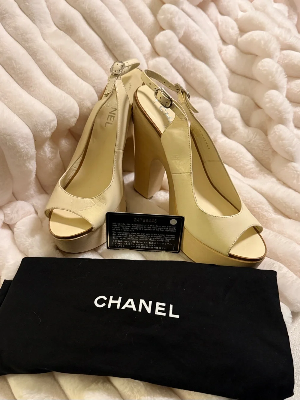 CHANEL Cream Leather Platform Peep-Toe Slingback Heels